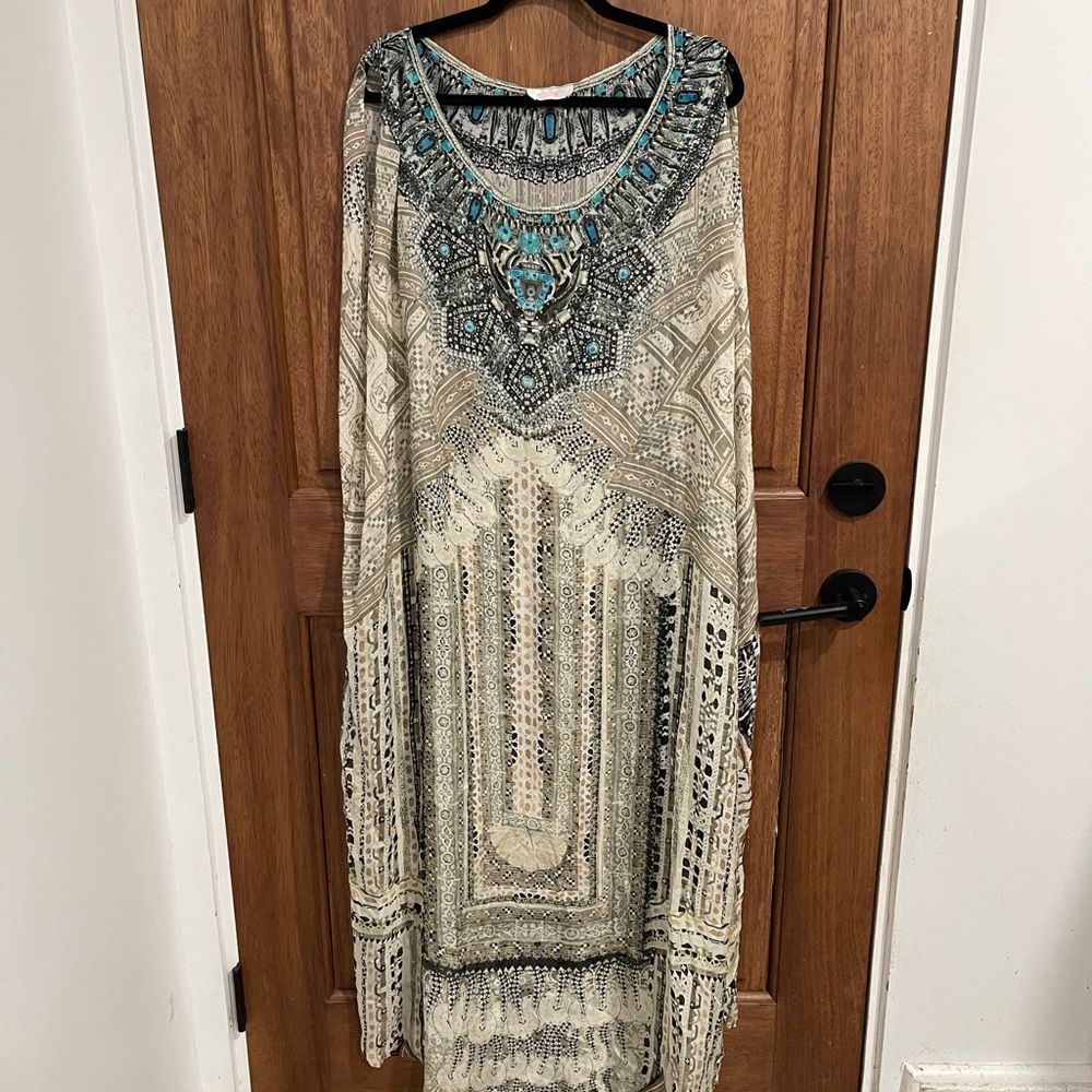 Luxe Round Neck Camilla Patterned Dress with Turquoise Accents